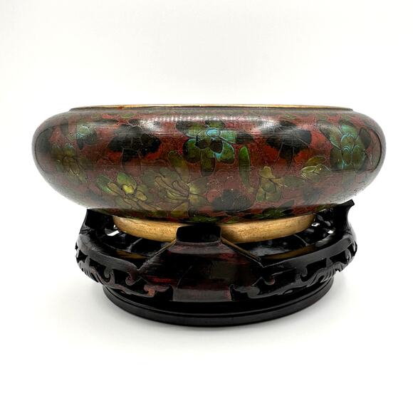 Vintage Chinese Cloisonne Enamel Bowl with Carved Lacquer Wood Stand - Picture 4 of 13
